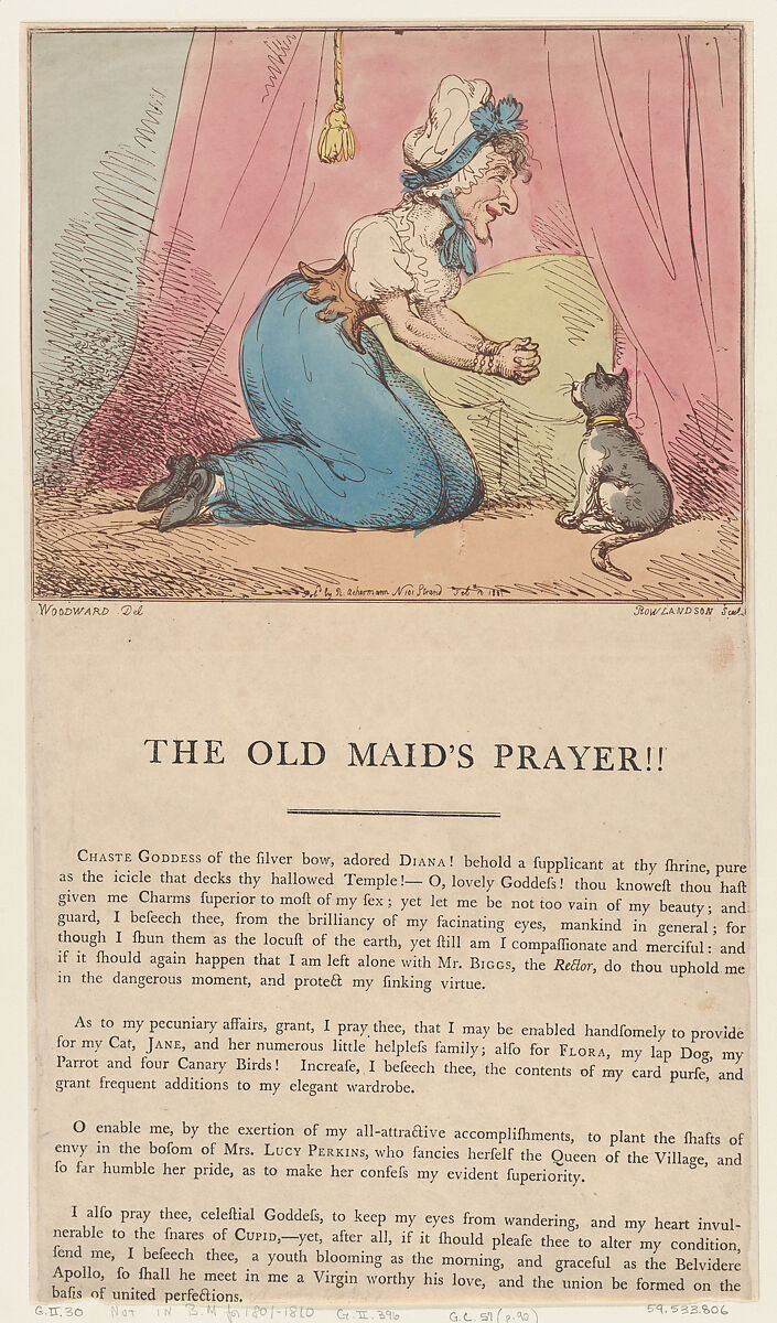 The Old Maid's Prayer!!, Thomas Rowlandson (British, London 1757–1827 London), Hand-colored etching 