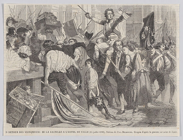 Return of the conquerors of the Bastille to the City Hall, 14 July 1789, from "Le Journal Illustré", Louis Paul Pierre Dumont (French, Paris 1822–1885), Wood engraving 