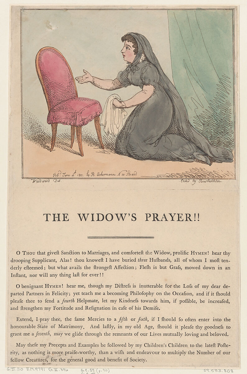 The Widow's Prayer!!, Thomas Rowlandson (British, London 1757–1827 London), Hand-colored etching 