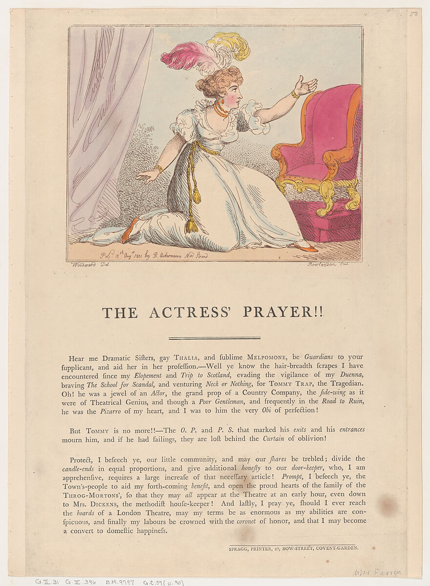 The Actress' Prayer!!, Thomas Rowlandson (British, London 1757–1827 London), Hand-colored etching 