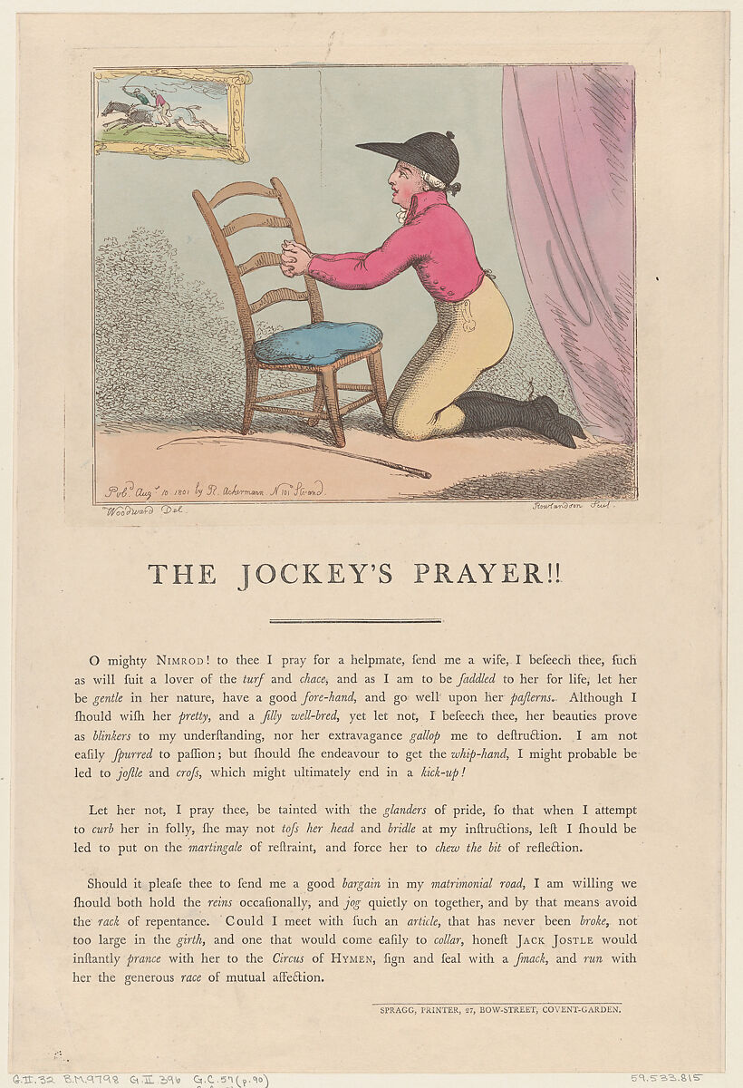 The Jockey's Prayer!!, Thomas Rowlandson (British, London 1757–1827 London), Hand-colored etching 