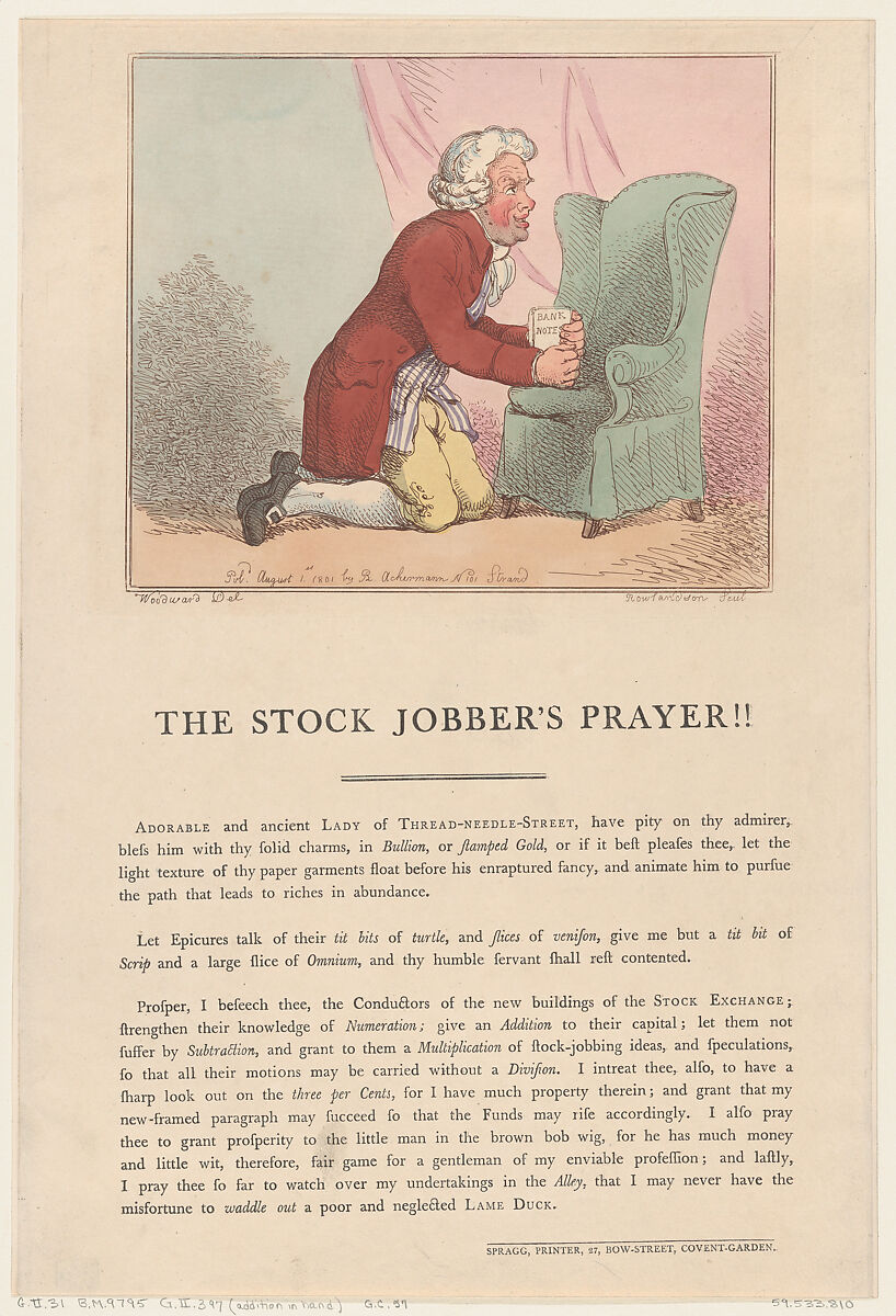 The Stock Jobber's Prayer!!, Thomas Rowlandson (British, London 1757–1827 London), Hand-colored etching 