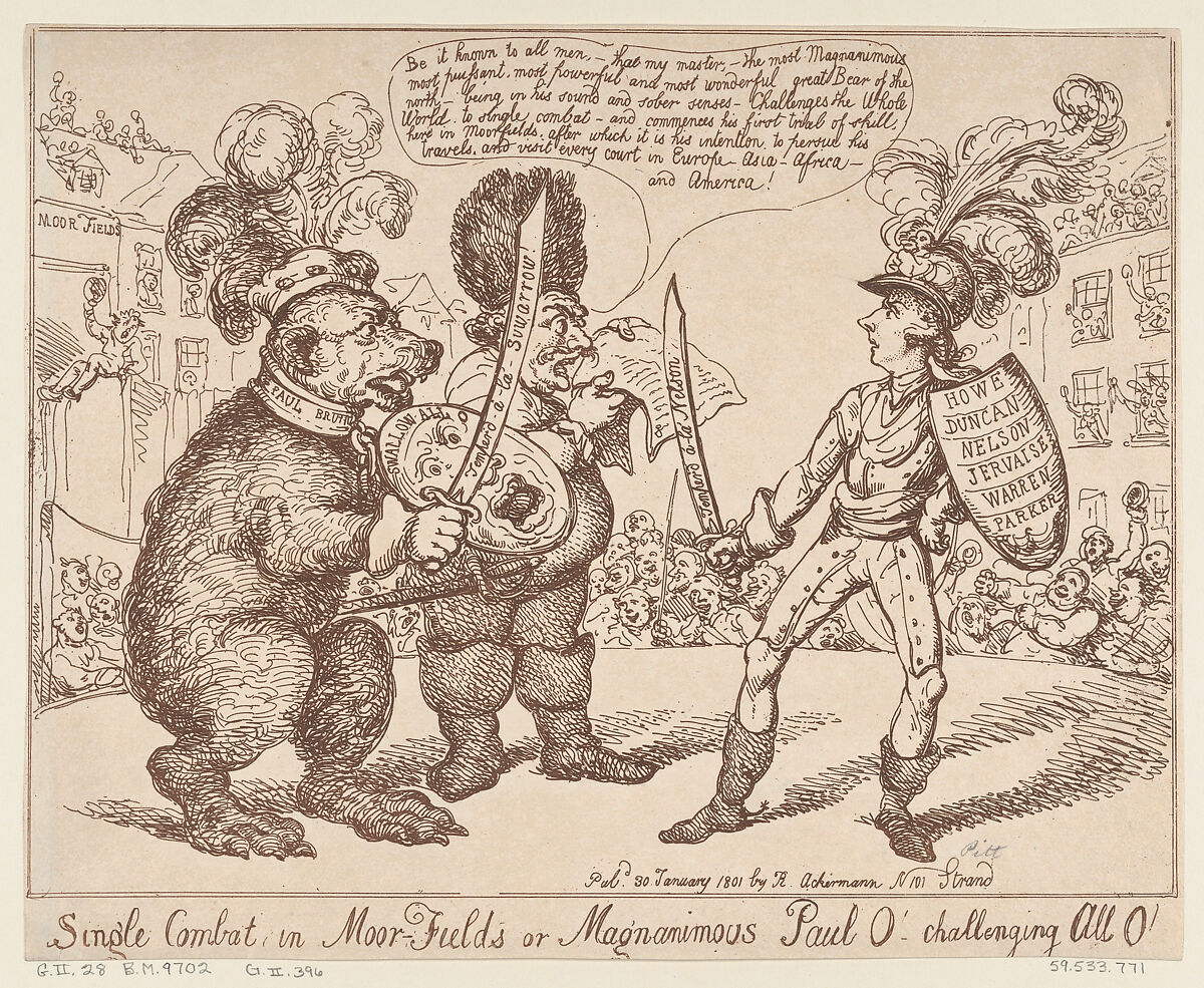 Single Combat in Moor-Fields or Magnamimous Paul O' challenging All O', Thomas Rowlandson (British, London 1757–1827 London), Etching 