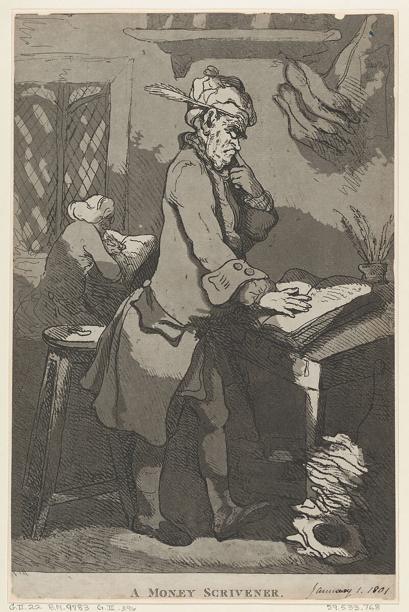 A Money Scrivener, Thomas Rowlandson (British, London 1757–1827 London), Etching and aquatint 