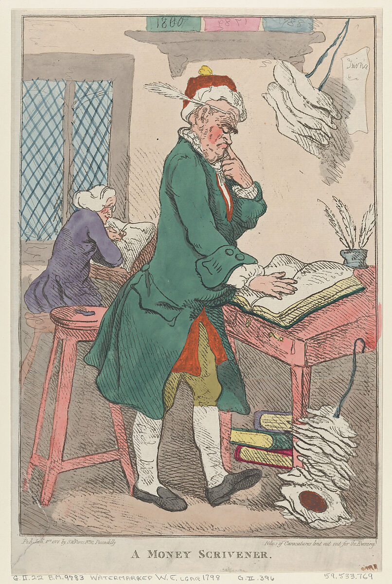 A Money Scrivener, Thomas Rowlandson (British, London 1757–1827 London), Hand-colored etching 