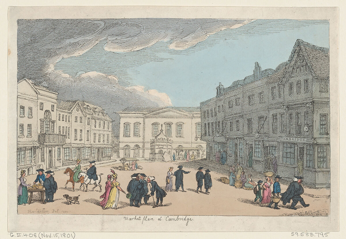 Market Place at Cambridge, Thomas Rowlandson (British, London 1757–1827 London), Hand-colored etching 