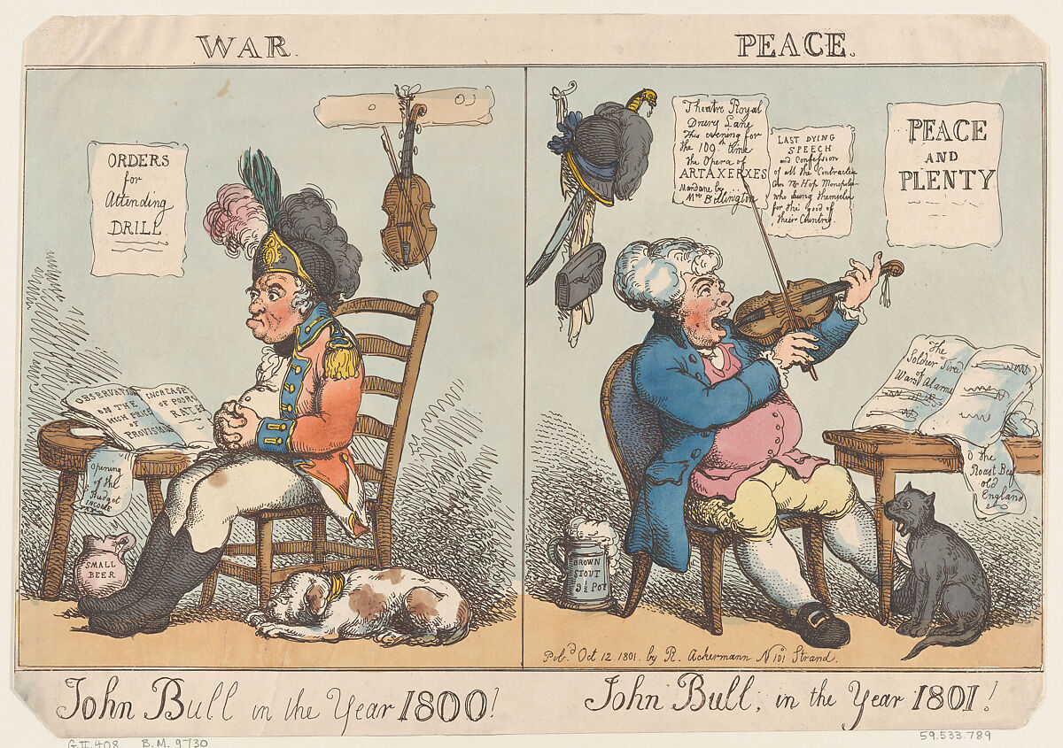 John Bull in the Year 1800! John Bull in the year 1801!, Thomas Rowlandson (British, London 1757–1827 London), Hand-colored etching 