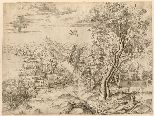 Expansive Landscape with a Reclining Shepherd, Angiolo Falconetto (Italian, active ca. 1555–67), Etching with drypoint 