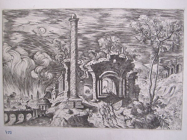 Landscape with Ruins with the Burning of the City of Troy, Giovanni Battista Pittoni the Elder (Italian, Vicenza ca. 1520–ca. 1583 Venice (?)), Etching 