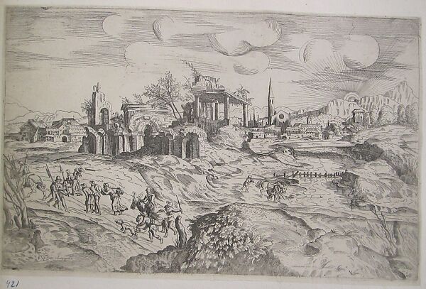 Landscape with Ruins, Girolamo Porro (Italian, 1520–1604), Etching 