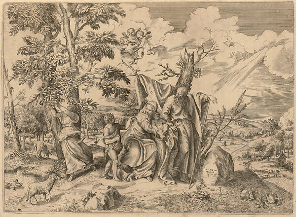 Rest on the Flight into Egypt, Giulio Bonasone (Italian, active Rome and Bologna, 1531–after 1576), Etching and engraving 