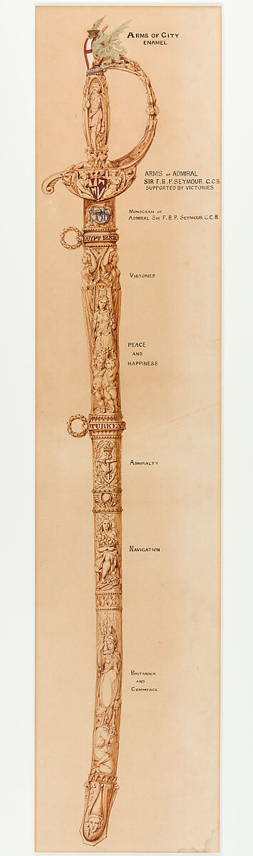 Designs for a Sword of Honor to be presented by the City of London to Admiral Sir Frederick Beauchamp Paget Seymour, 1st Baron Alcester (1821–1895), Pen and ink, brush and wash on paper, British, London 
