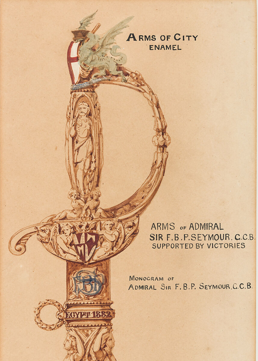 Designs for a Sword of Honor to be presented by the City of London to Admiral Sir Frederick Beauchamp Paget Seymour, 1st Baron Alcester (1821–1895), Pen and ink, brush and wash on paper, British, London