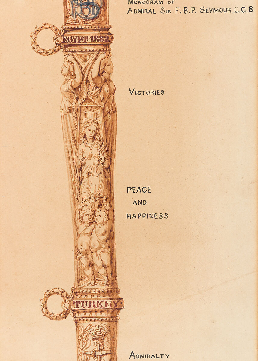 Designs for a Sword of Honor to be presented by the City of London to Admiral Sir Frederick Beauchamp Paget Seymour, 1st Baron Alcester (1821–1895), Pen and ink, brush and wash on paper, British, London
