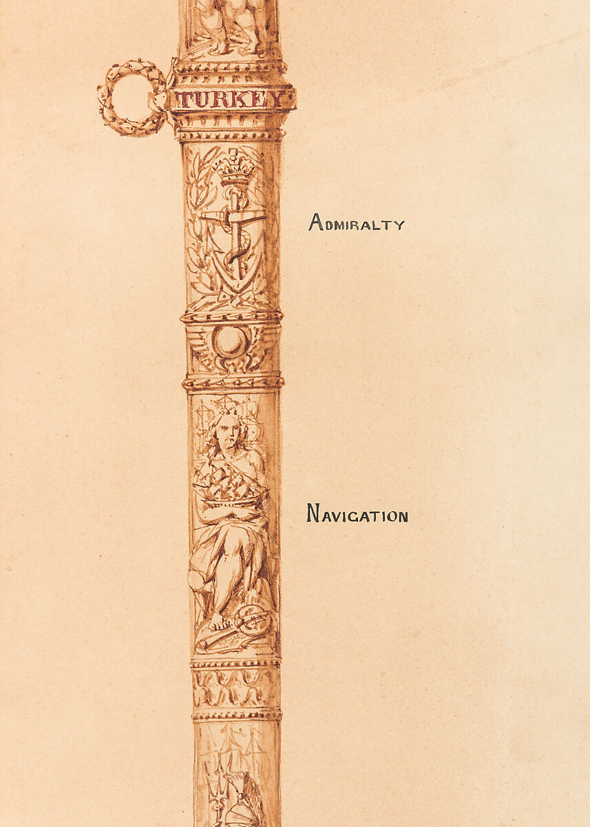 Designs for a Sword of Honor to be presented by the City of London to Admiral Sir Frederick Beauchamp Paget Seymour, 1st Baron Alcester (1821–1895), Pen and ink, brush and wash on paper, British, London
