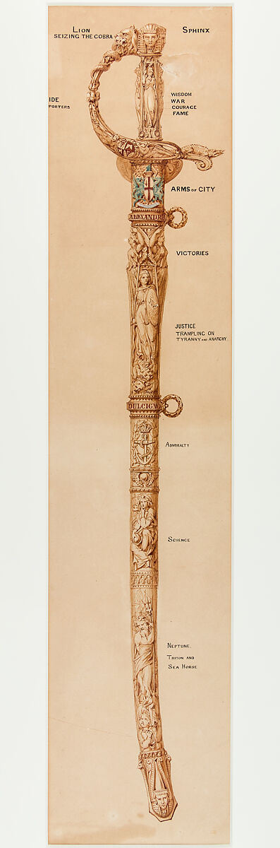 Designs for a Sword of Honor to be presented by the City of London to Admiral Sir Frederick Beauchamp Paget Seymour, 1st Baron Alcester (1821–1895), Pen and ink, brush and wash on paper, British, London