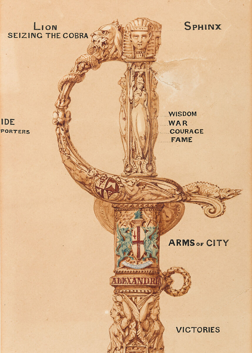 Designs for a Sword of Honor to be presented by the City of London to Admiral Sir Frederick Beauchamp Paget Seymour, 1st Baron Alcester (1821–1895), Pen and ink, brush and wash on paper, British, London