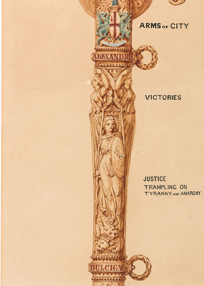 Designs for a Sword of Honor to be presented by the City of London to Admiral Sir Frederick Beauchamp Paget Seymour, 1st Baron Alcester (1821–1895), Pen and ink, brush and wash on paper, British, London