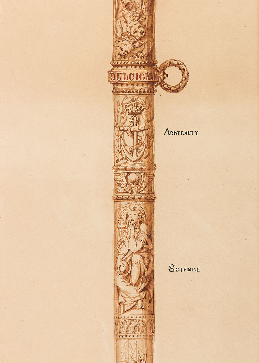 Designs for a Sword of Honor to be presented by the City of London to Admiral Sir Frederick Beauchamp Paget Seymour, 1st Baron Alcester (1821–1895), Pen and ink, brush and wash on paper, British, London