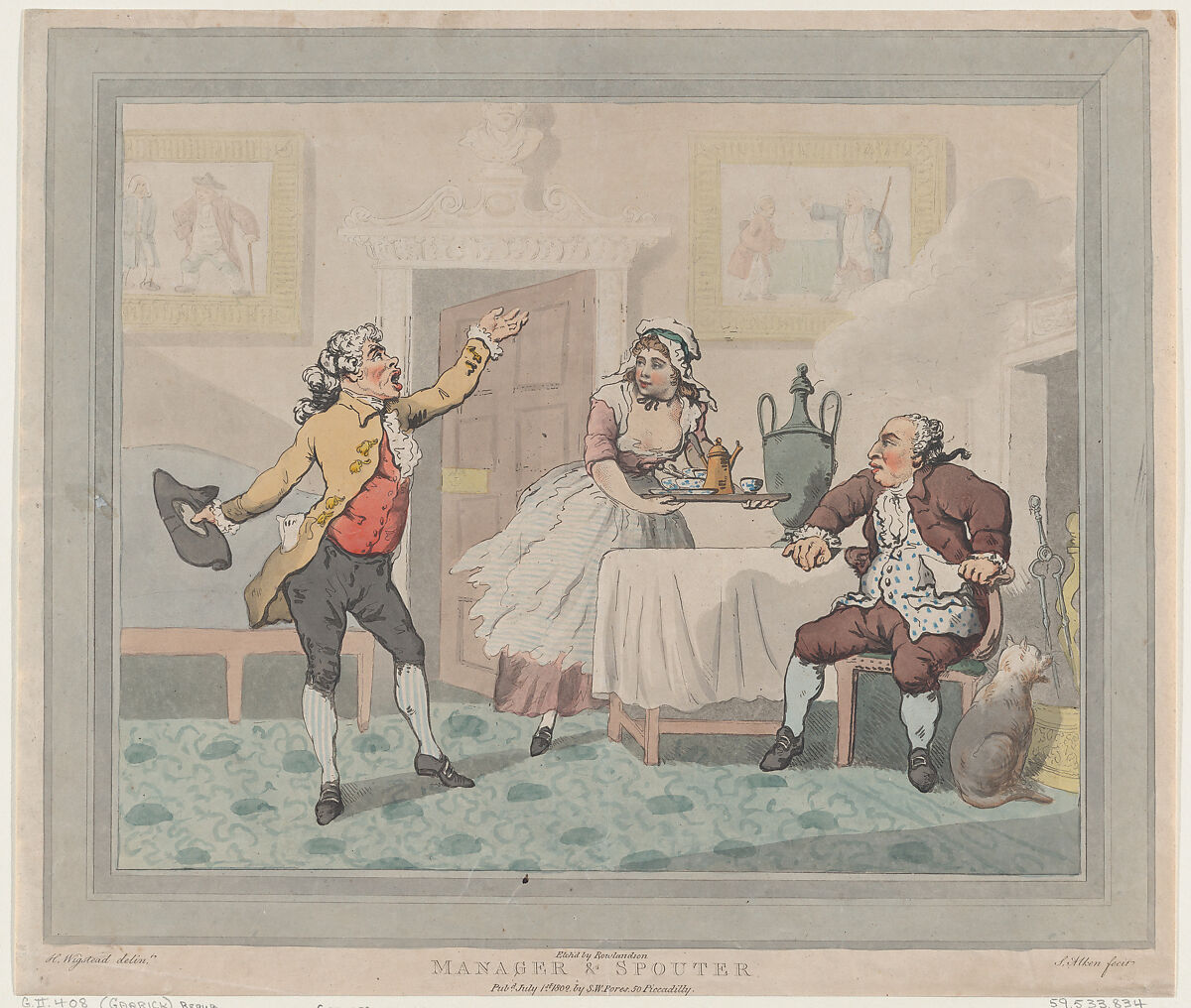 Manager & Spouter, After Henry Wigstead (British, 1745?–1800 Margate), Hand-colored etching, stipple and aquatint 