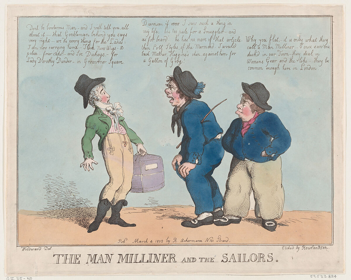 The Man Milliner and the Sailors, Thomas Rowlandson (British, London 1757–1827 London), Hand-colored etching 