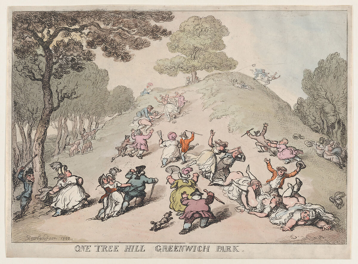 One Tree Hill, Greenwich Park, Thomas Rowlandson (British, London 1757–1827 London), Hand-colored etching 