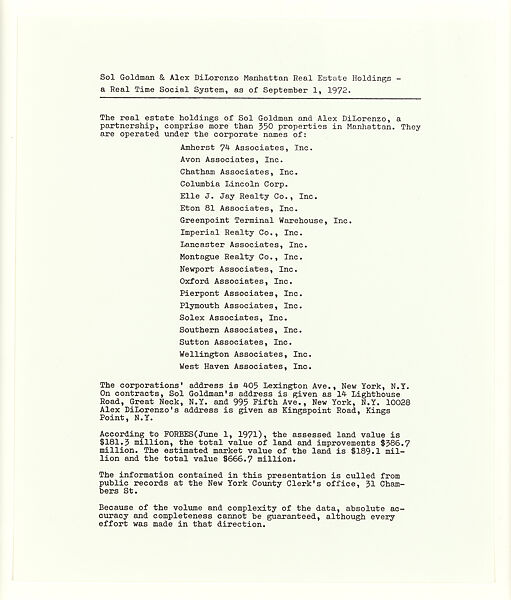 Sol Goldman and Alex DiLorenzo Manhattan Real Estate Holdings, A Real-Time Social System, as of May 1, 1971, Hans Haacke (American and German, born Cologne, 1936), Gelatin silver prints, typescript, and offset lithograph