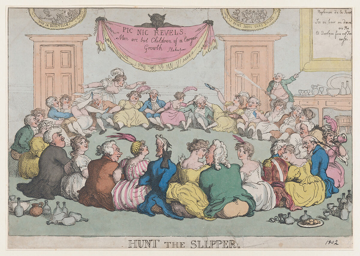 Hunt The Slippers, Thomas Rowlandson (British, London 1757–1827 London), Hand-colored etching 