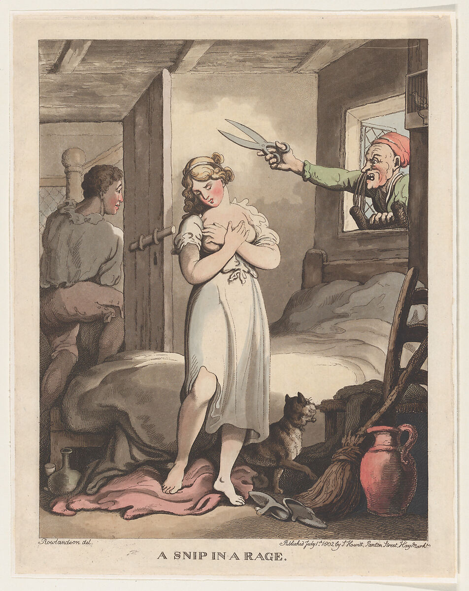 A Snip in a Rage, Thomas Rowlandson (British, London 1757–1827 London), Hand-colored etching 