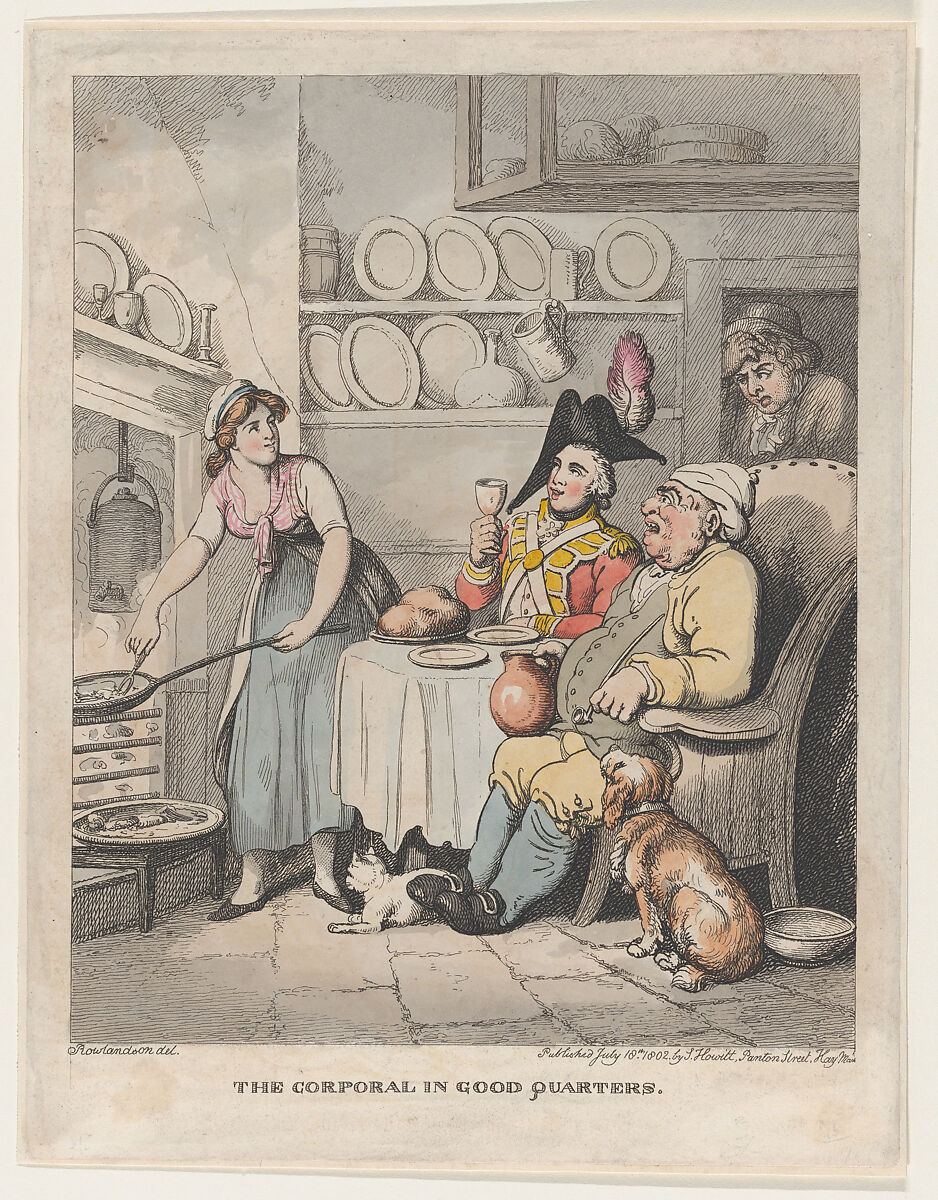 The Corporal in Good Quarters, Thomas Rowlandson (British, London 1757–1827 London), Hand-colored etching 