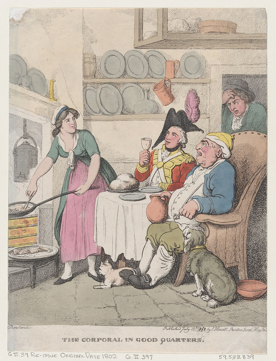 The Corporal in Good Quarters, Thomas Rowlandson (British, London 1757–1827 London), Hand-colored etching 