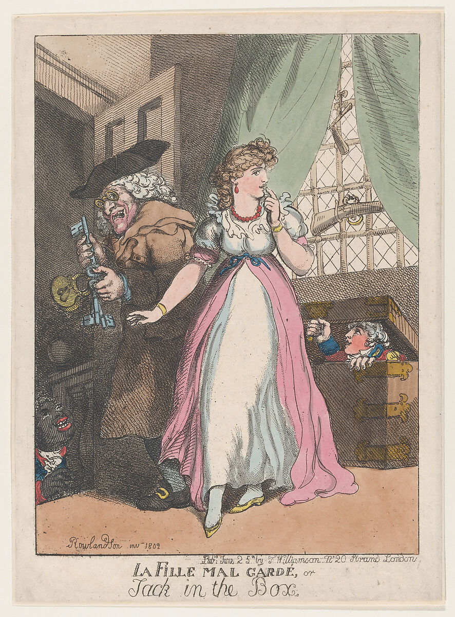 La Fille Mal Gardé, or Jack in the Box, Thomas Rowlandson (British, London 1757–1827 London), Hand-colored etching 