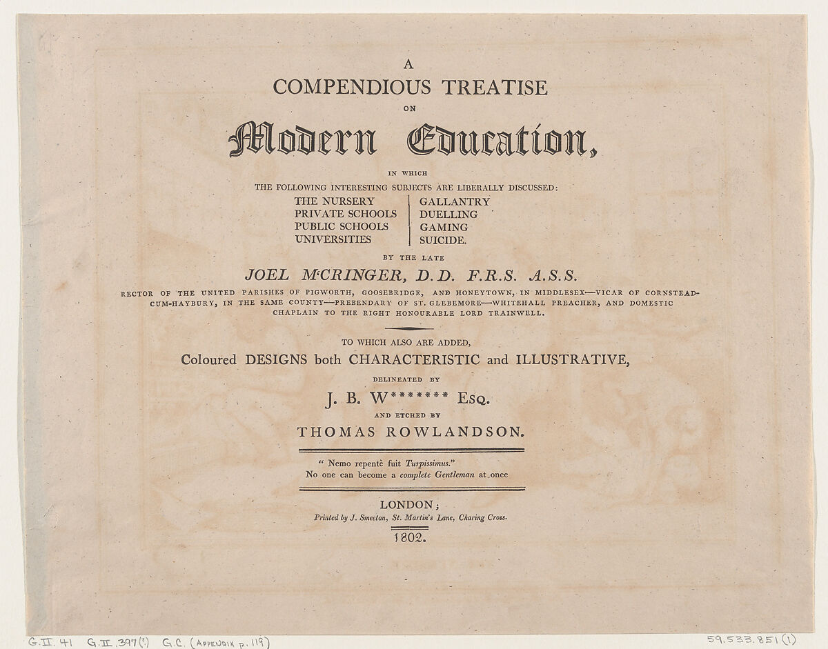 A Compendious Treatise on Modern Education, Related etcher Thomas Rowlandson (British, London 1757–1827 London), Hand-colored etching 