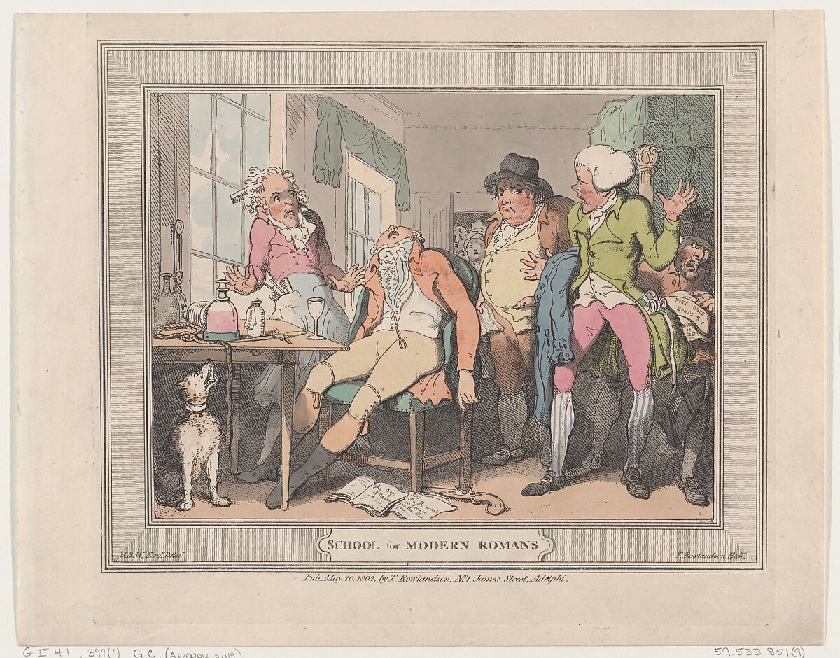 School for Modern Romans, Thomas Rowlandson (British, London 1757–1827 London), Hand-colored etching 