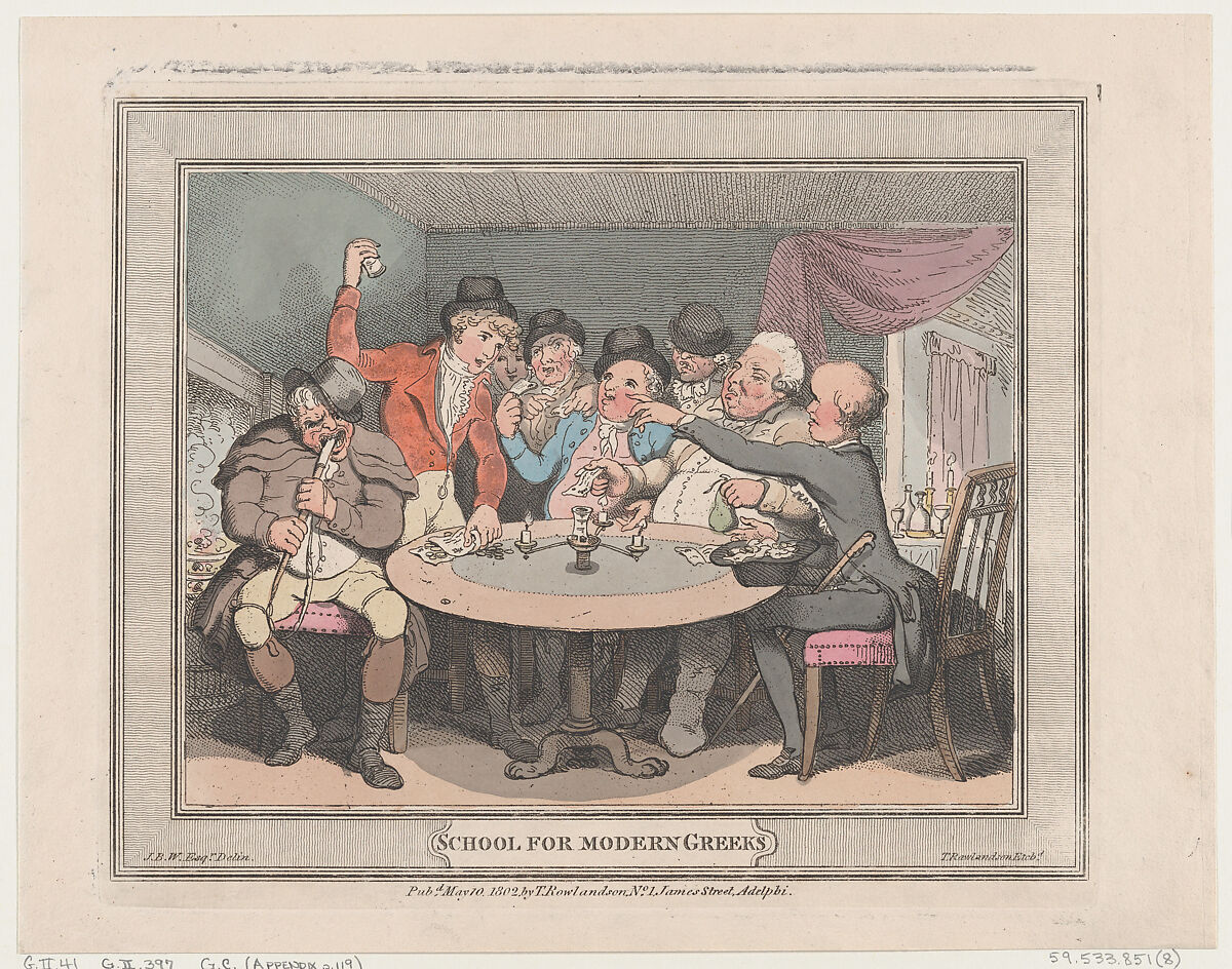 School for Modern Greeks, Thomas Rowlandson (British, London 1757–1827 London), Hand-colored etching 