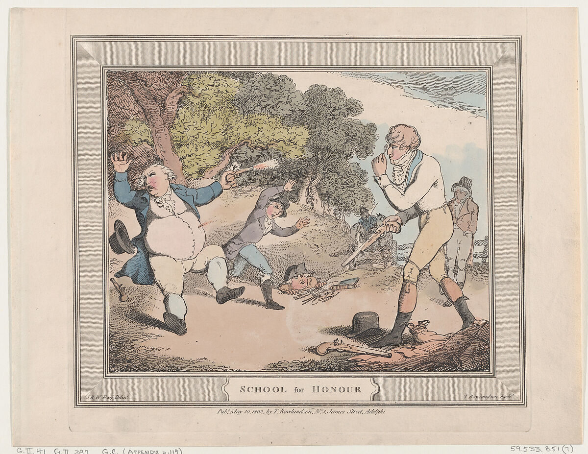 School for Honour, Thomas Rowlandson (British, London 1757–1827 London), Hand-colored etching 