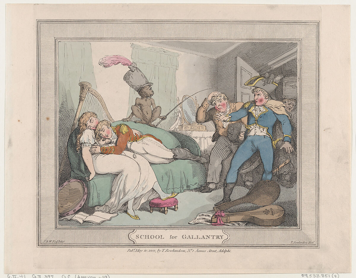 School for Gallantry, Thomas Rowlandson (British, London 1757–1827 London), Hand-colored etching 