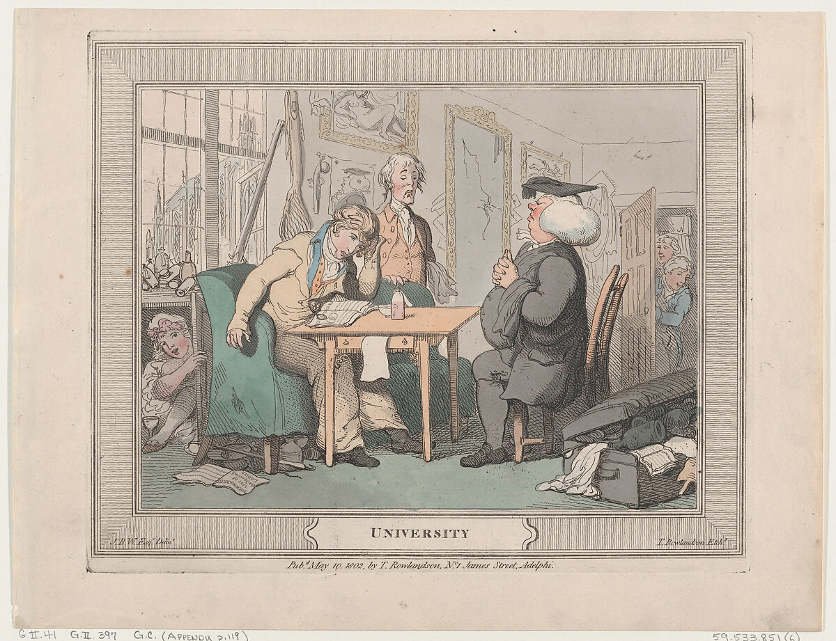 University, Thomas Rowlandson (British, London 1757–1827 London), Hand-colored etching 