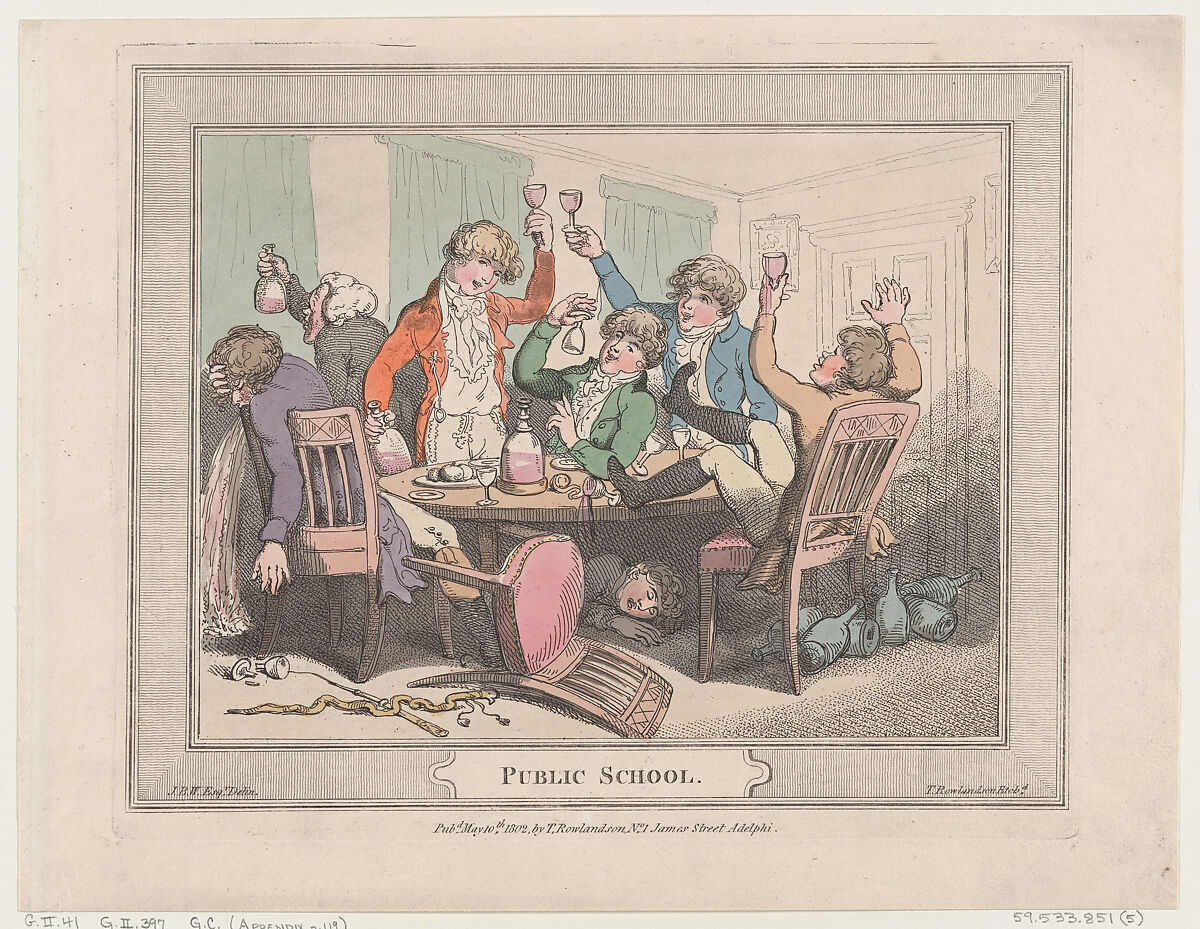 Public School, Thomas Rowlandson (British, London 1757–1827 London), Hand-colored etching 