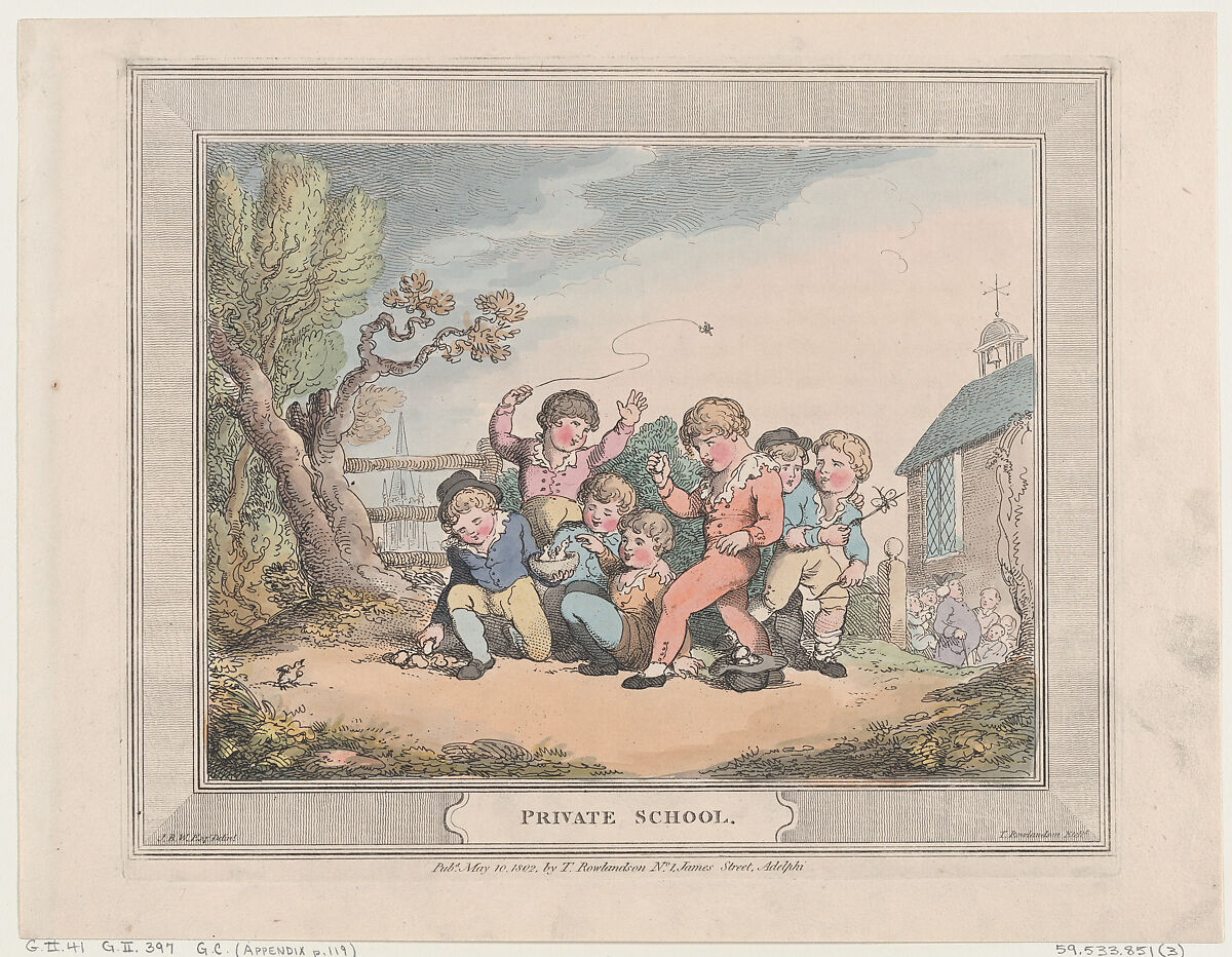 Private School, Thomas Rowlandson (British, London 1757–1827 London), Hand-colored etching 