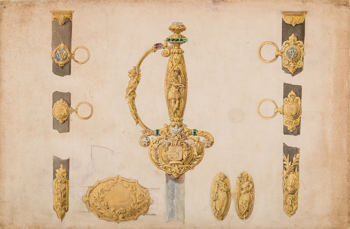 Design for a Sword Hilt, Scabbard, and Belt Fittings, Attributed to Eugène Julienne (French, Paris 1808–1875 Paris), Watercolor and ink on paper, French, Paris 