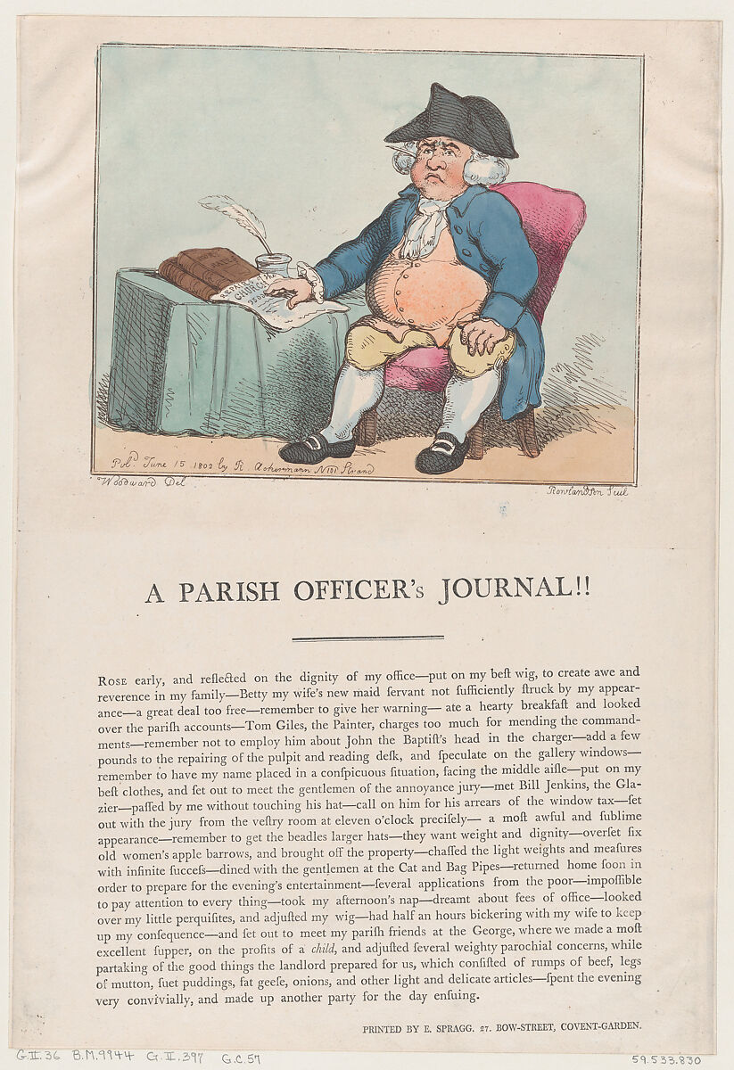 A Parish Officer's Journal!!, Thomas Rowlandson (British, London 1757–1827 London), Hand-colored etching 