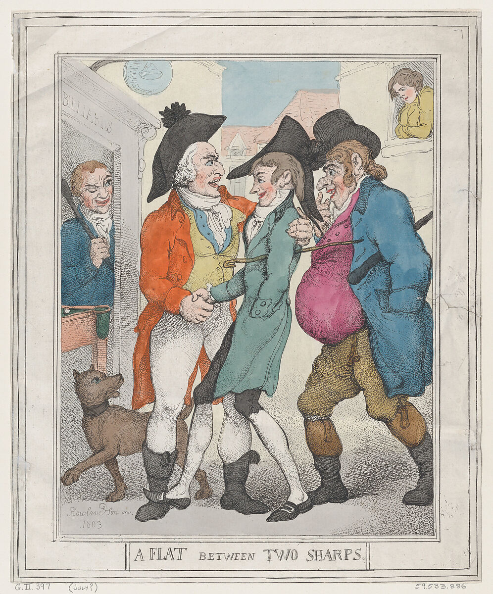 A Flat between Two Sharps, Thomas Rowlandson (British, London 1757–1827 London), Hand-colored etching 