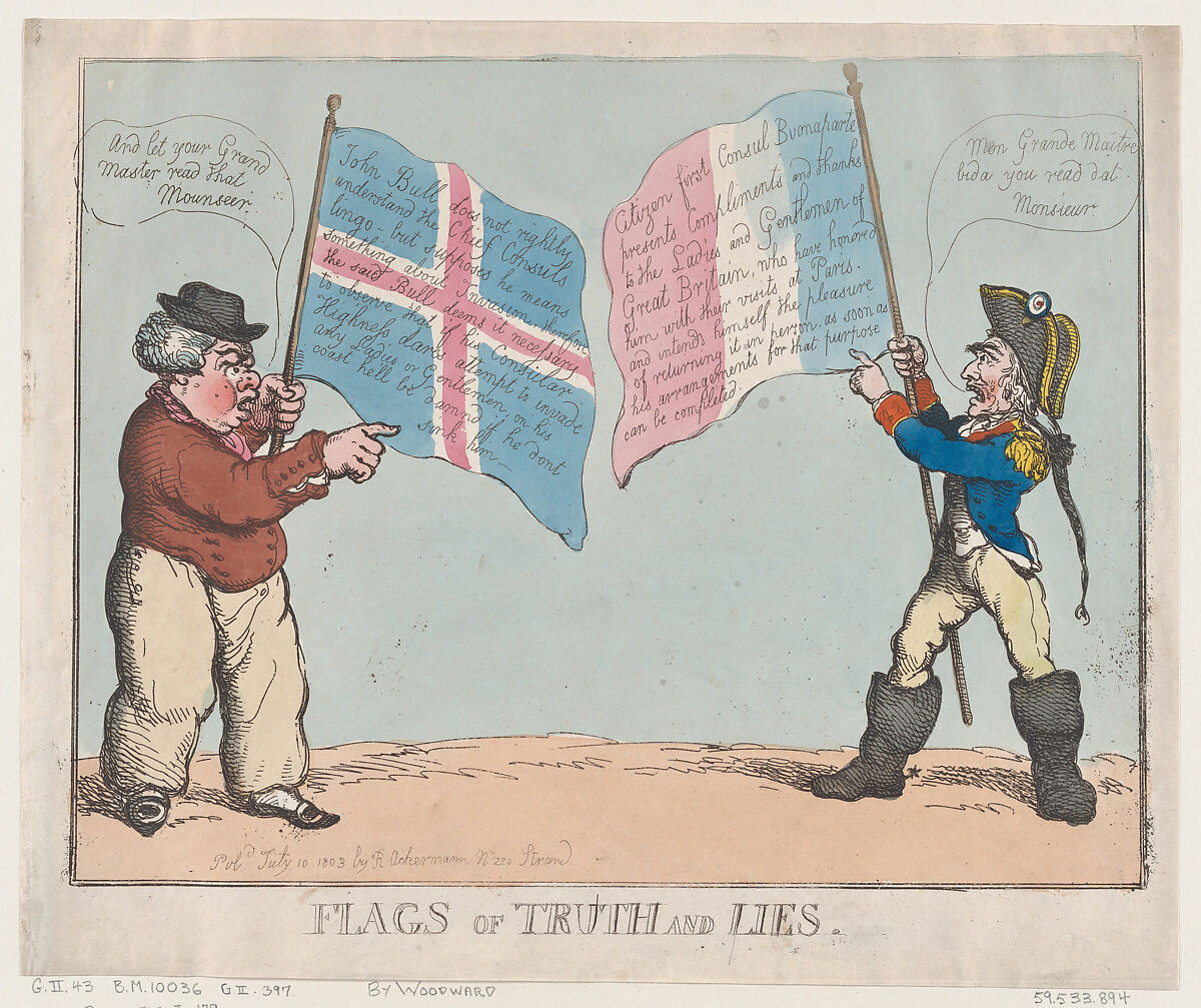 Flags of Truth and Lies, Thomas Rowlandson (British, London 1757–1827 London), Hand-colored etching 