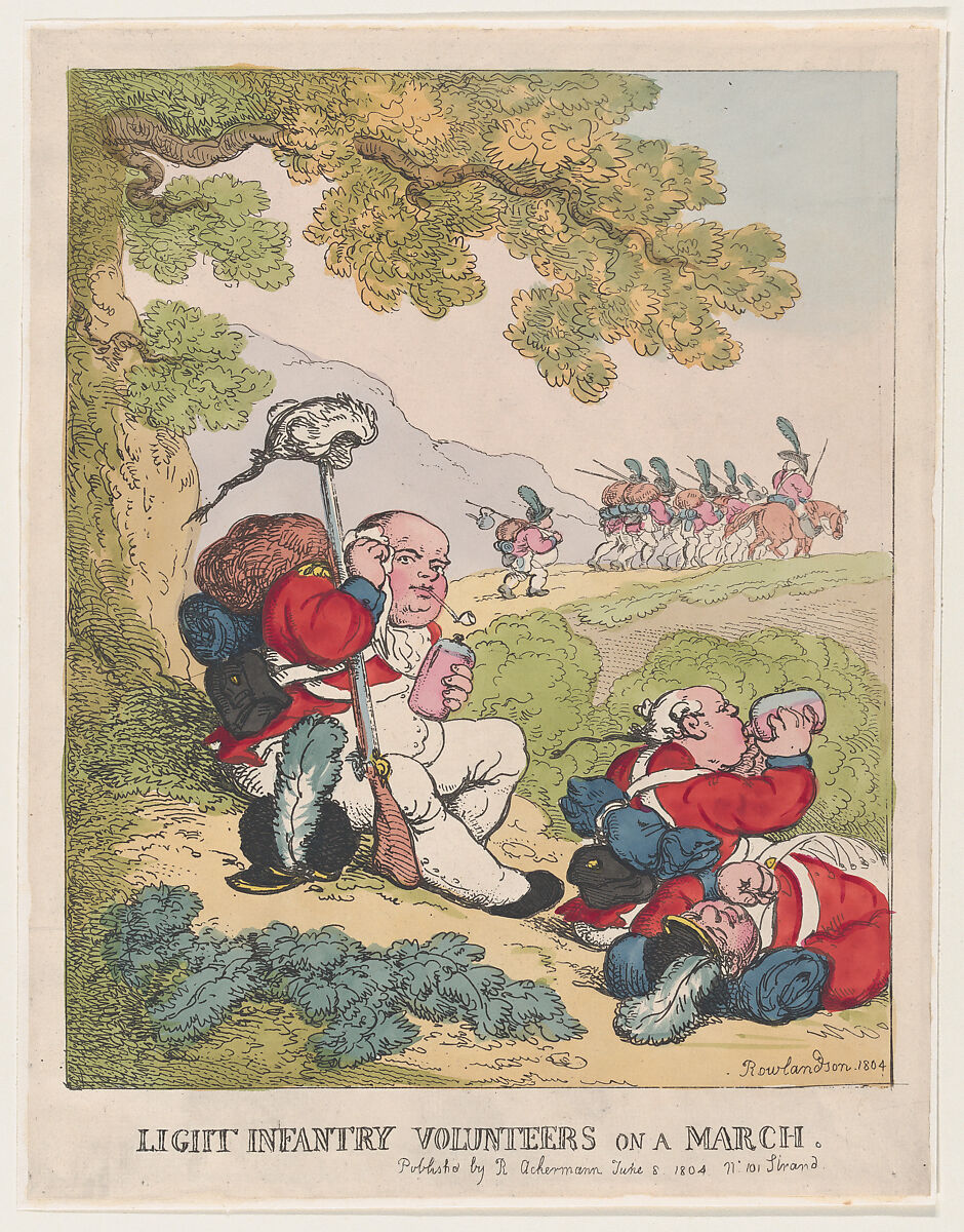 Ligit Infantry Volunteers on a March, Thomas Rowlandson (British, London 1757–1827 London), Hand-colored etching 