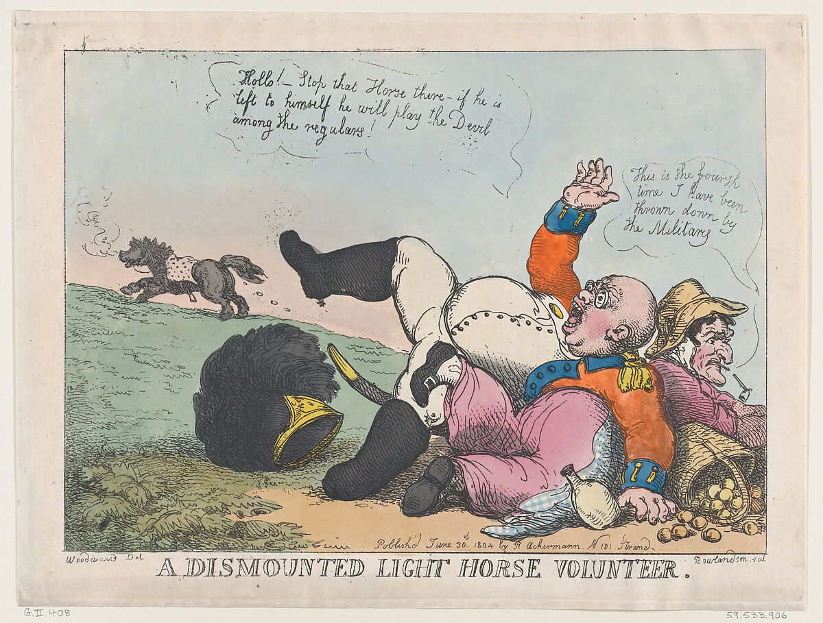A Dismounted Light Horse Volunteer, Thomas Rowlandson (British, London 1757–1827 London), Hand-colored etching 