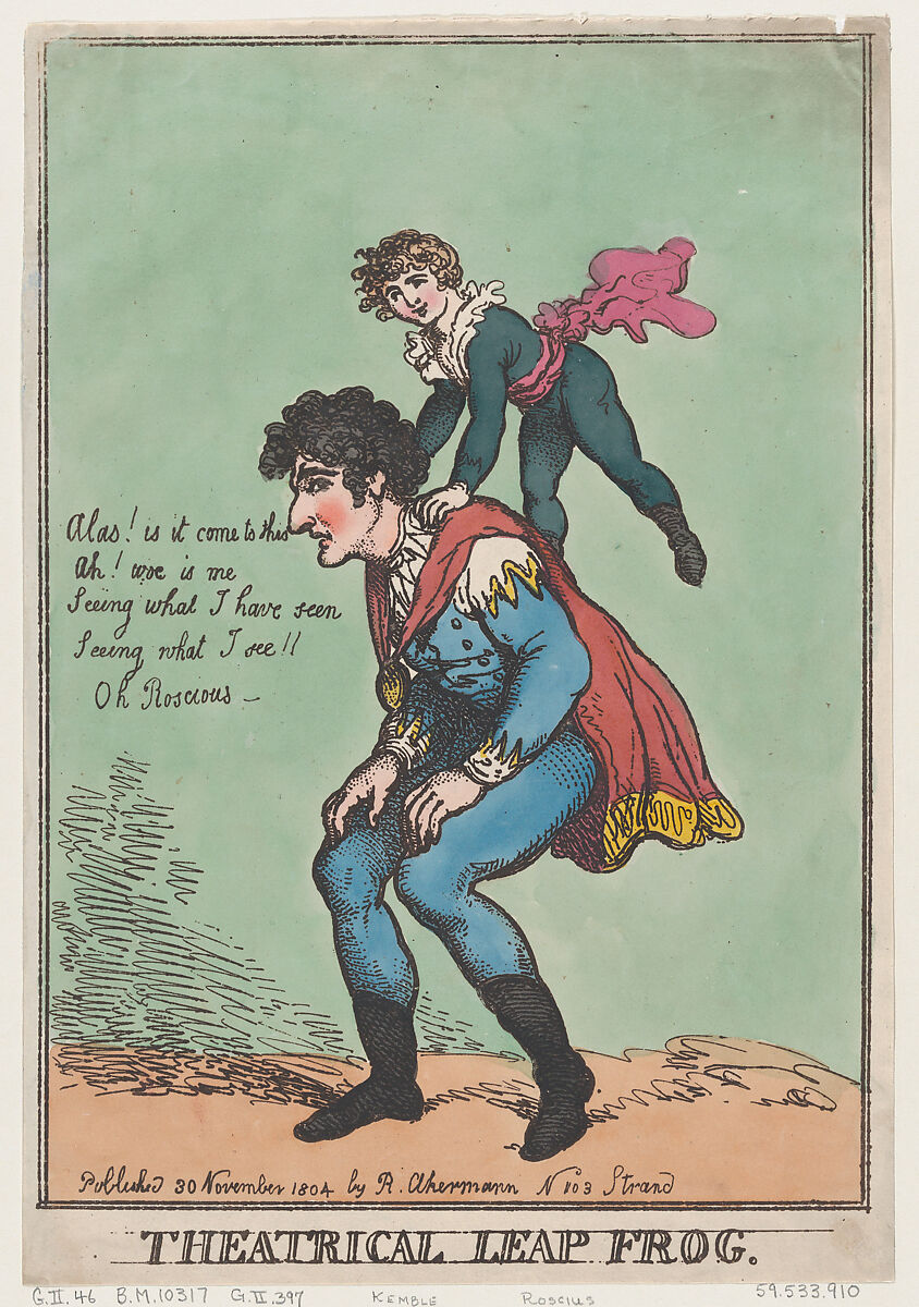 Theatrical Leap Frog, Thomas Rowlandson (British, London 1757–1827 London), Hand-colored etching 