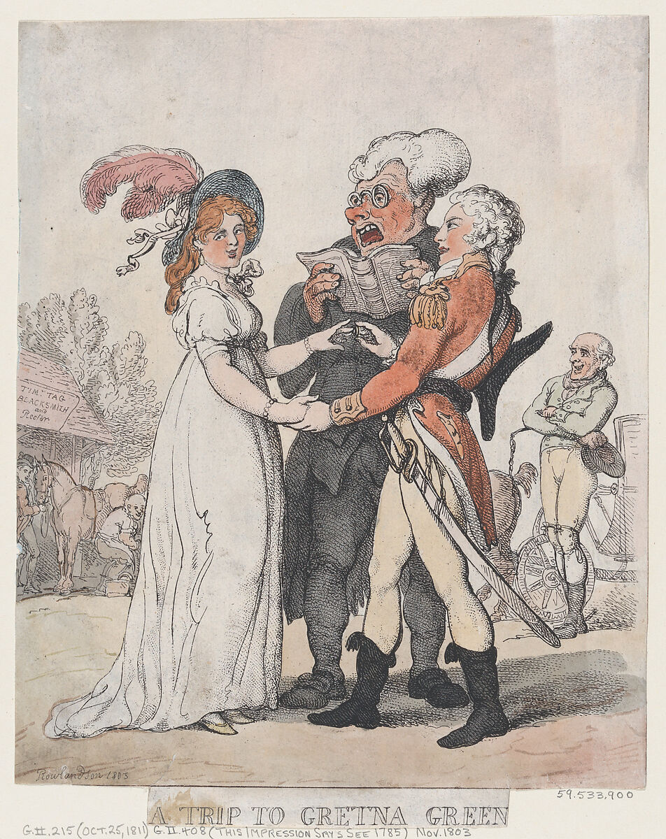 A Trip to Gretna Green, Thomas Rowlandson (British, London 1757–1827 London), Hand-colored etching 