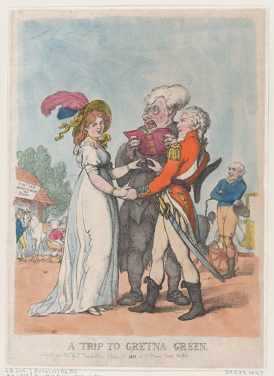 A Trip to Gretna Green, Thomas Rowlandson (British, London 1757–1827 London), Hand-colored etching 