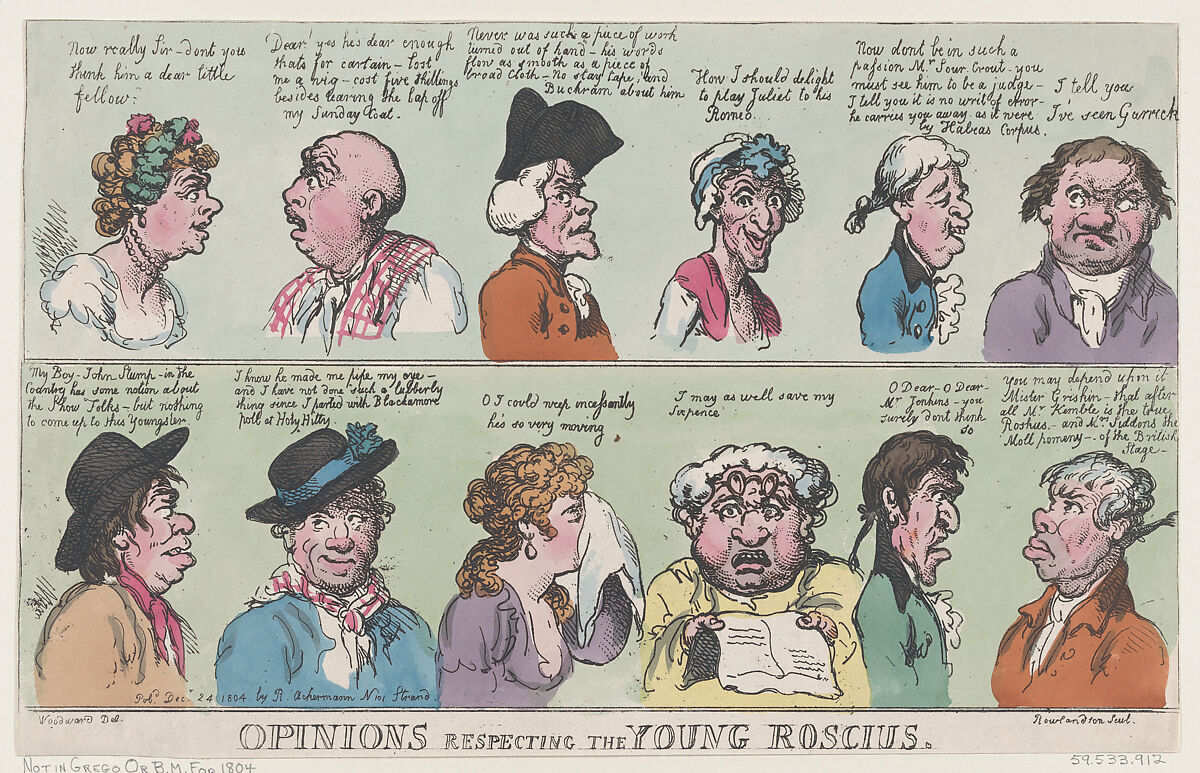 Opinions Respecting The Young Roscius, Thomas Rowlandson (British, London 1757–1827 London), Hand-colored etching 